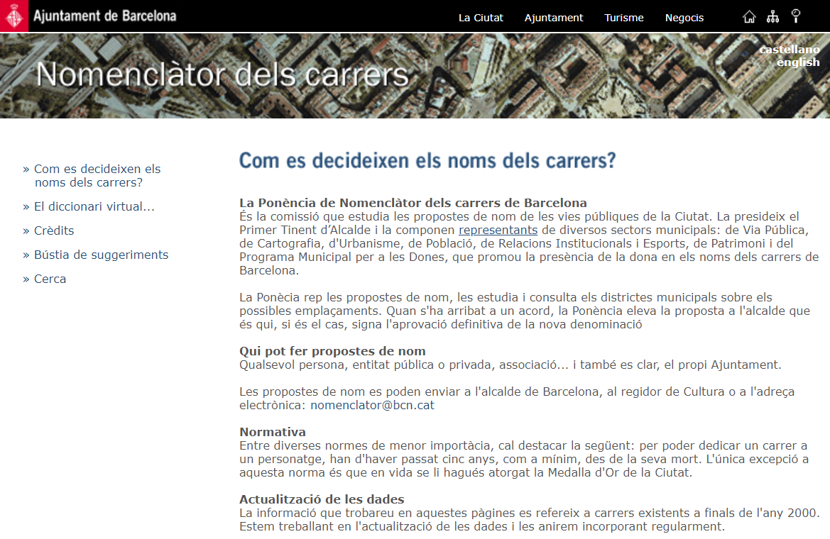 Pàgina inicial de la web del <i>Nomenclàtor dels carrers</i> Pàgina inicial de la web del Nomenclàtor dels carrers