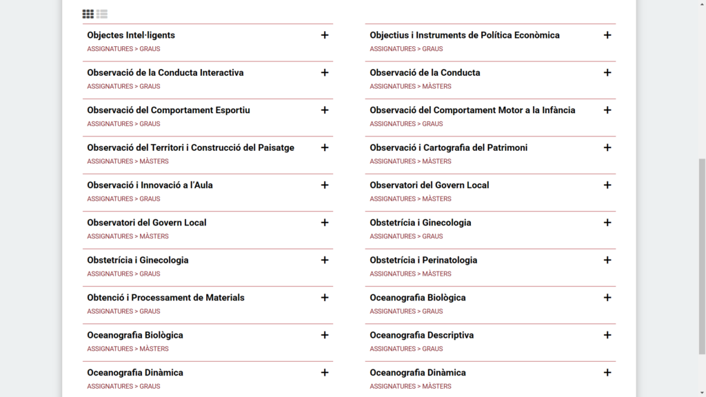 Mostra de noms d’assignatures, amb la indicació de si és de grau o màster universitari