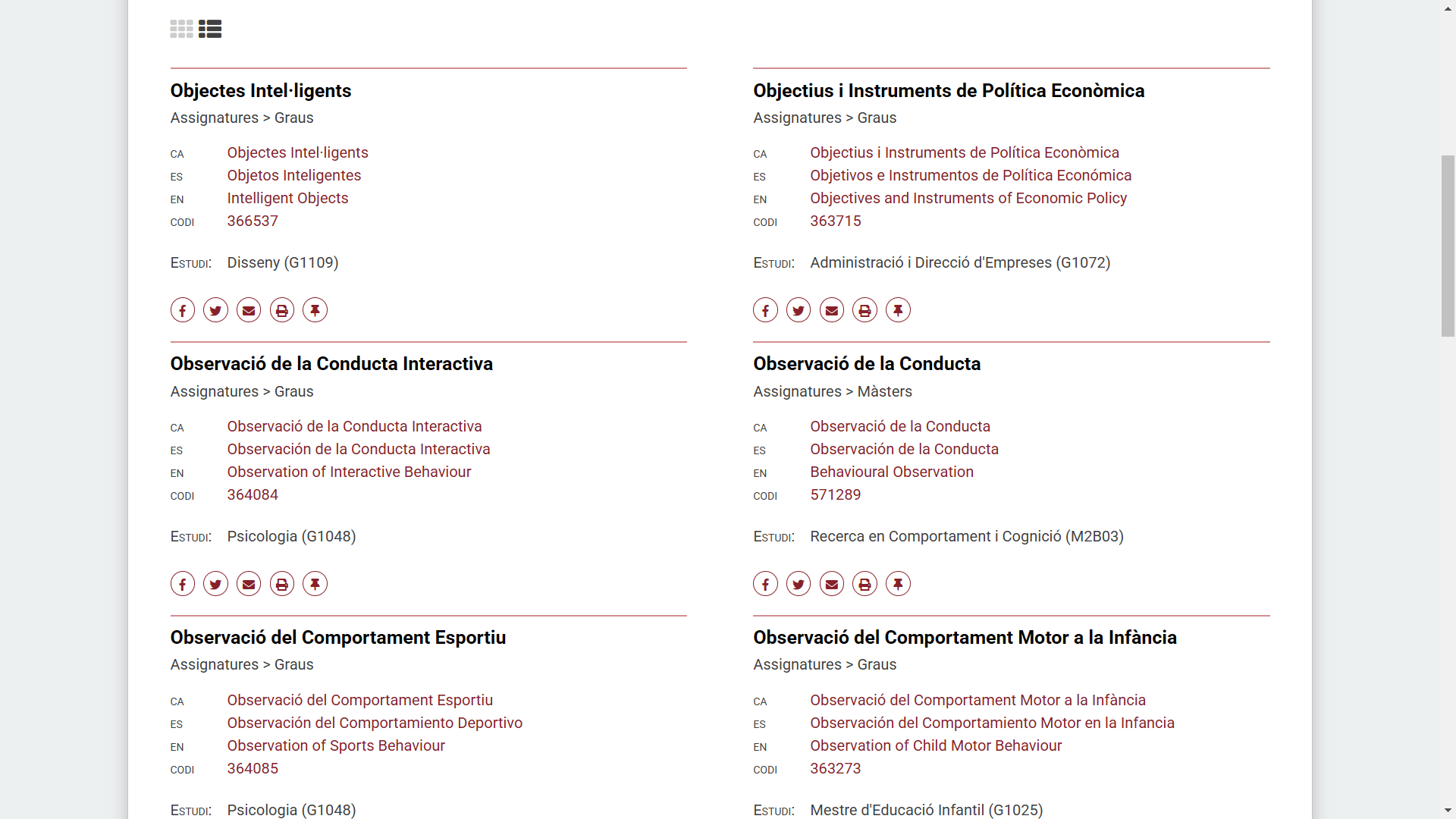 Denominacions en català, castellà i anglès, a més de la indicació del codi de l’assignatura i de l’ensenyament