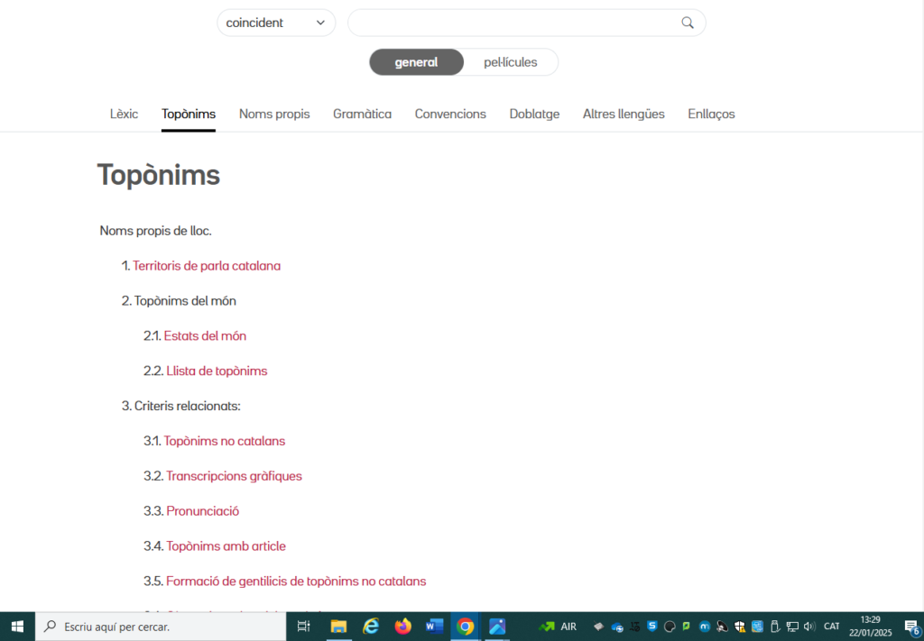 Secció de toponímia dins de l’És a dir