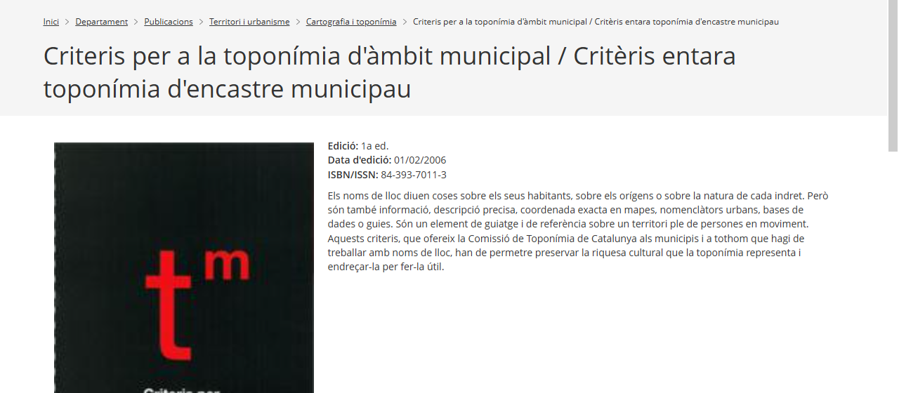 Criteris per a la toponímia d’àmbit municipal Criteris per a la toponímia d’àmbit municipal