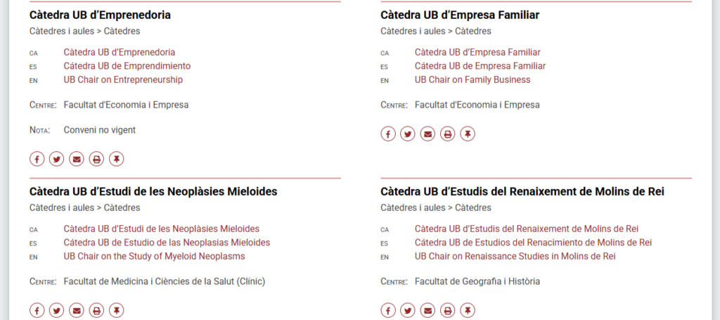 Exemple d’informació consultable dins de cada entrada: denominacions, centres d’adscripció, vigència, etc.