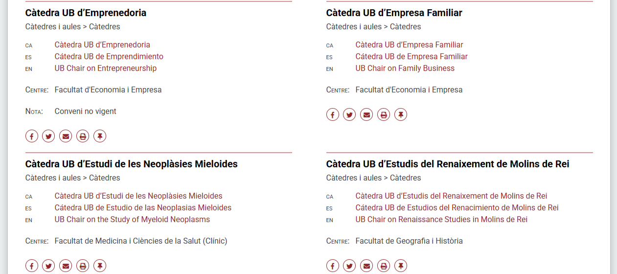 Exemple d’informació consultable dins de cada entrada: denominacions, centres d’adscripció, vigència, etc.