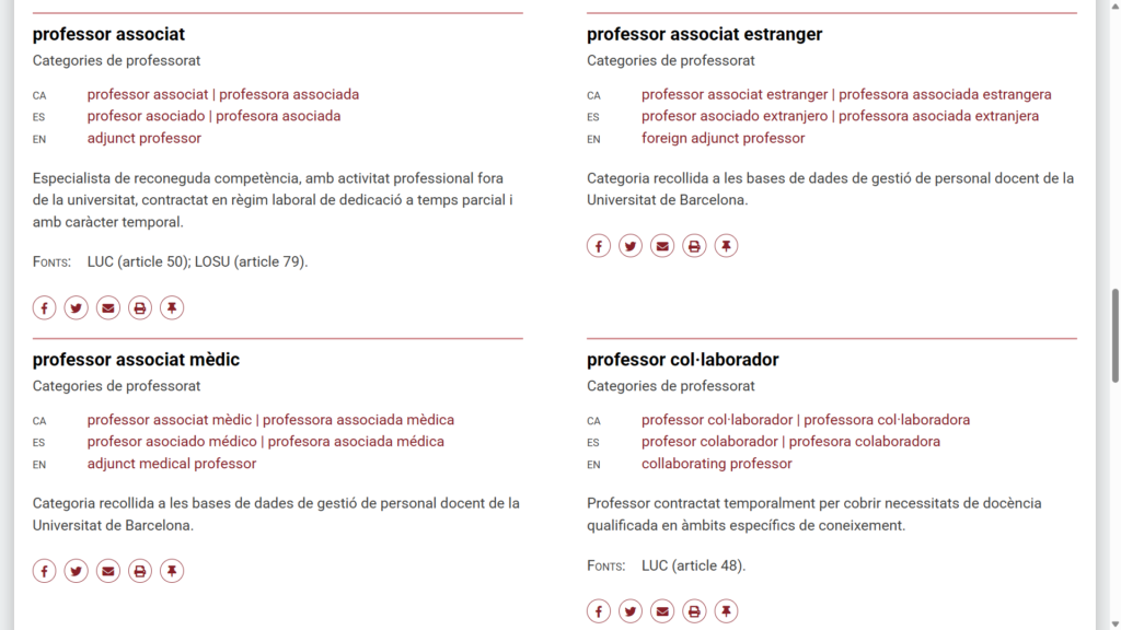 Informació de les categories: denominacions i equivalents, definicions i fonts normatives