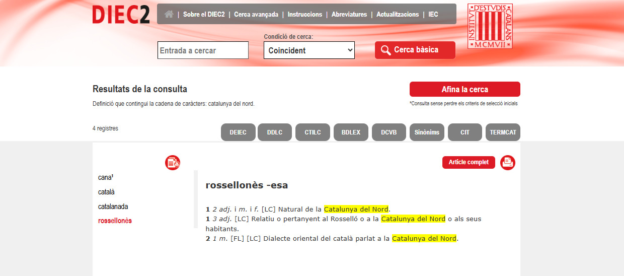 Presència de la forma <i>Catalunya del Nord</i> al DIEC Presència de la forma Catalunya del Nord al DIEC