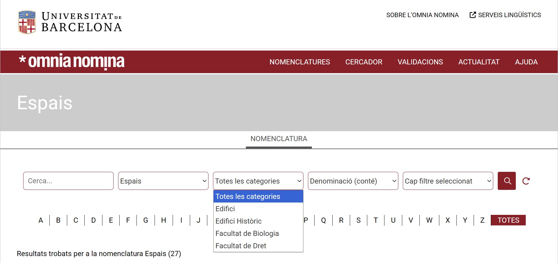 Entrada a la proposta de nomenclatura d’espais, amb el cercador i els filtres disponibles
