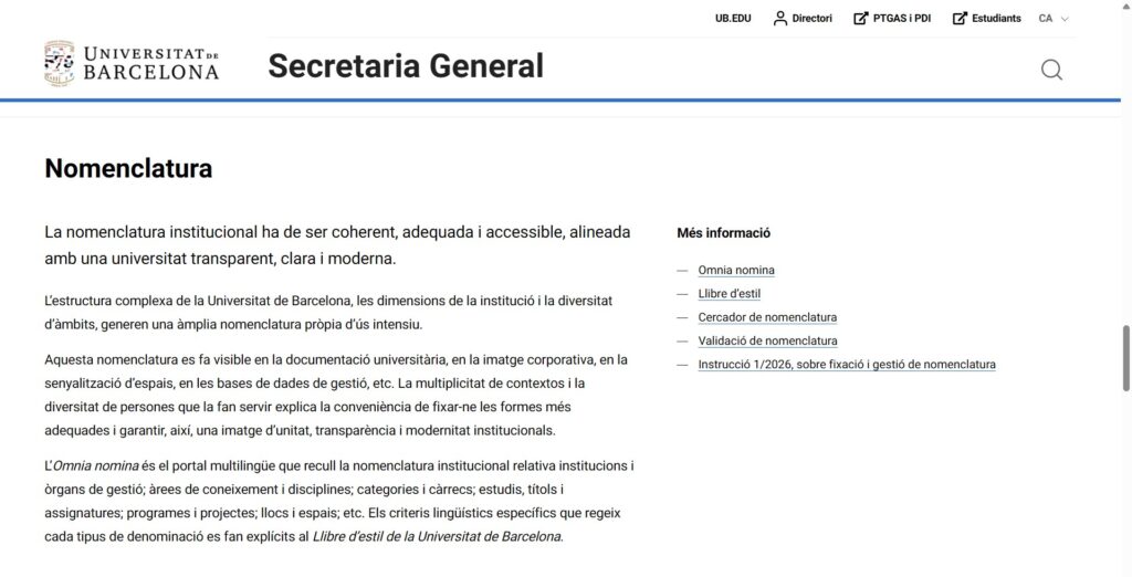 Secció sobre nomenclatura al web de la Secretaria General Secció sobre nomenclatura al web de la Secretaria General