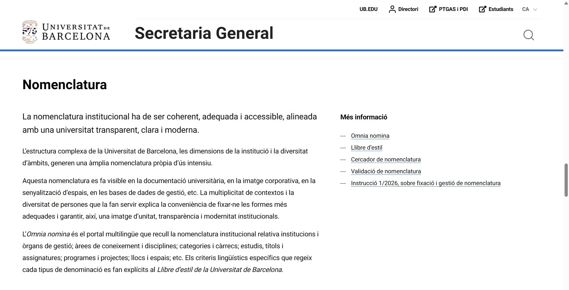 Secció sobre nomenclatura al web de la Secretaria General Secció sobre nomenclatura al web de la Secretaria General