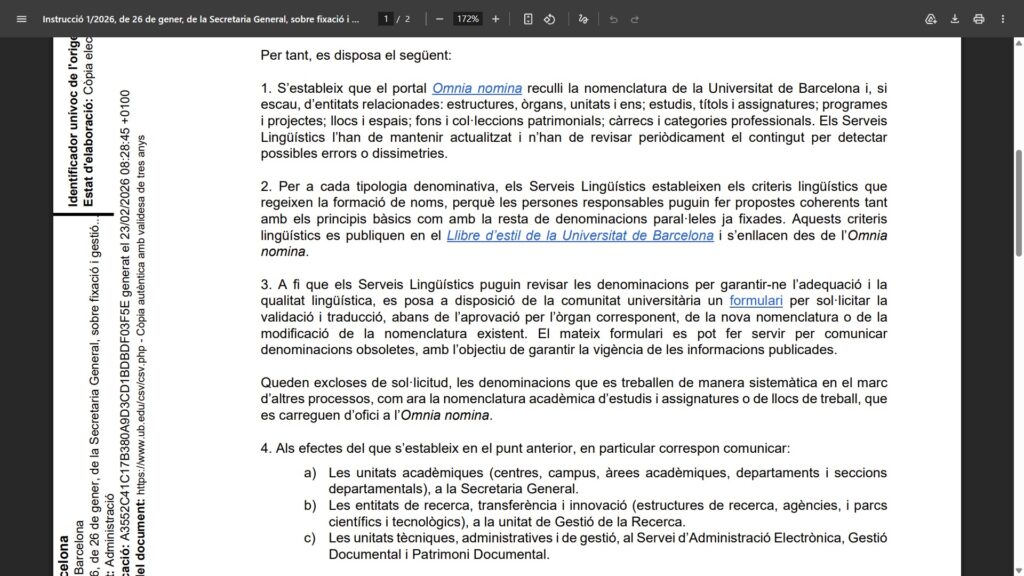 Fragment de la Instrucció 1/2026 sobre fixació i gestió de nomenclatura UB Fragment de la Instrucció 1/2026 sobre fixació i gestió de nomenclatura UB