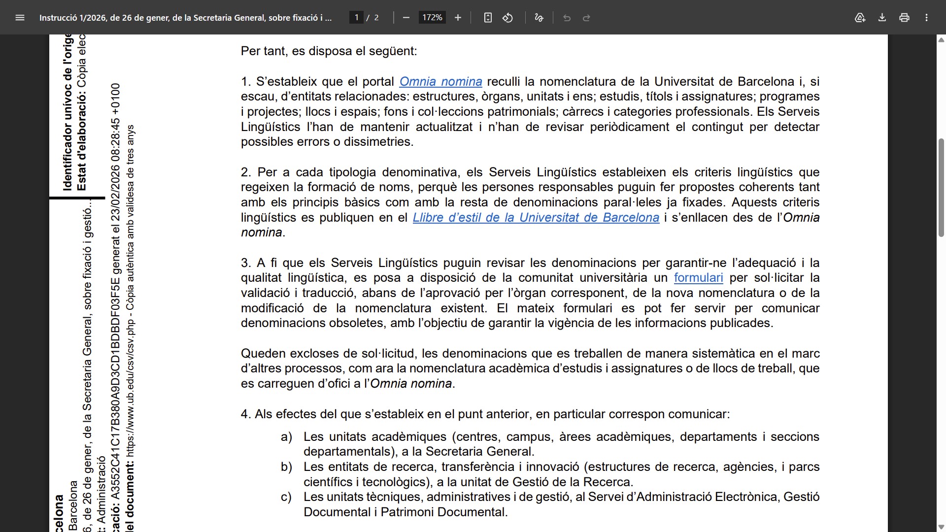 Fragment de la Instrucció 1/2026 sobre fixació i gestió de nomenclatura UB Fragment de la Instrucció 1/2026 sobre fixació i gestió de nomenclatura UB