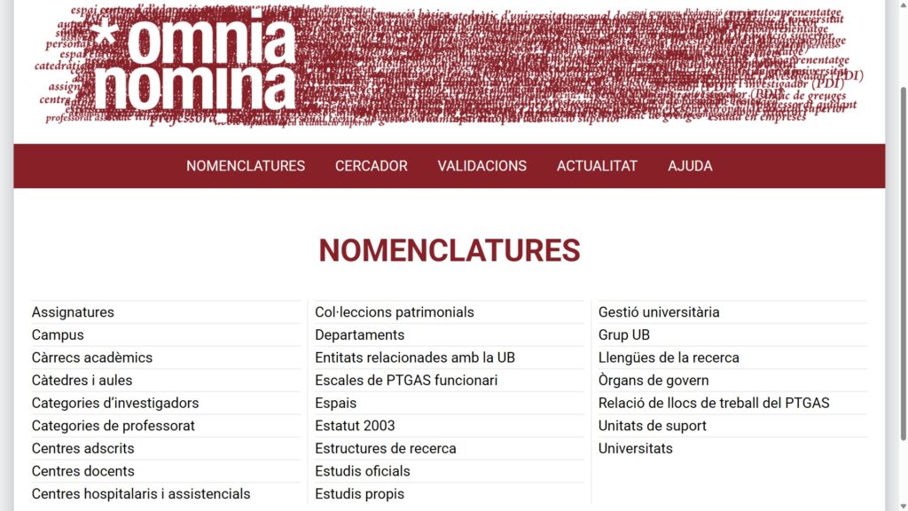 Llista de les nomenclatures publicades a l’<i>Omnia nomina</i> Llista de les nomenclatures publicades a l’Omnia nomina