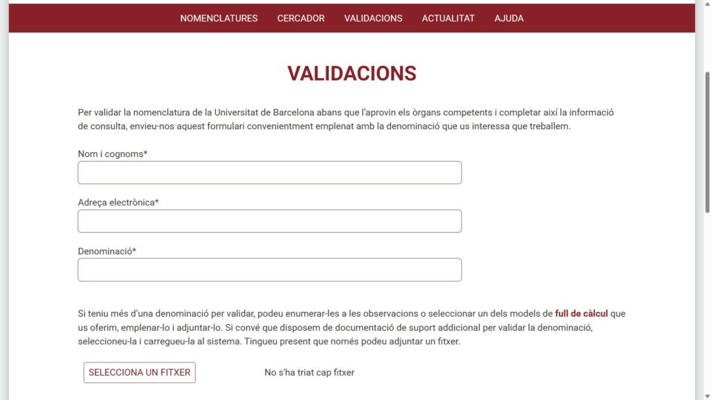 Formulari de validació per a les peticions puntuals Formulari de validació per a les peticions puntuals