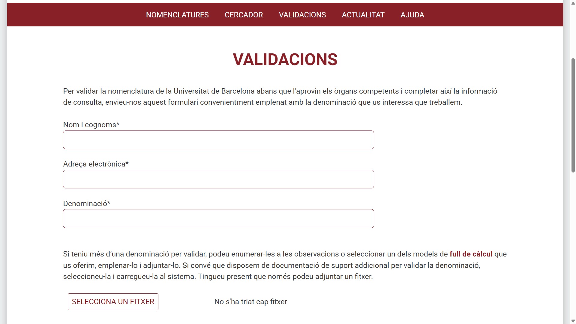 Formulari de validació per a les peticions puntuals Formulari de validació per a les peticions puntuals